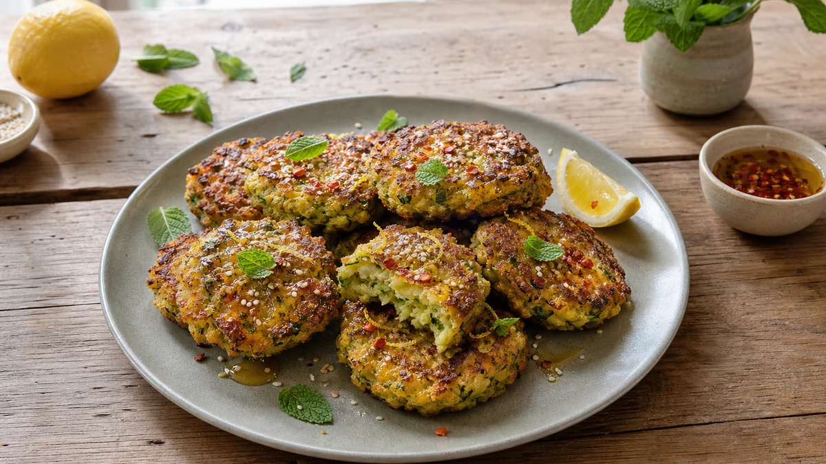 Goldbraune Zucchini-Halloumi-Puffer mit Sesam, Minze und einem feinen Chili-Honig-Faden