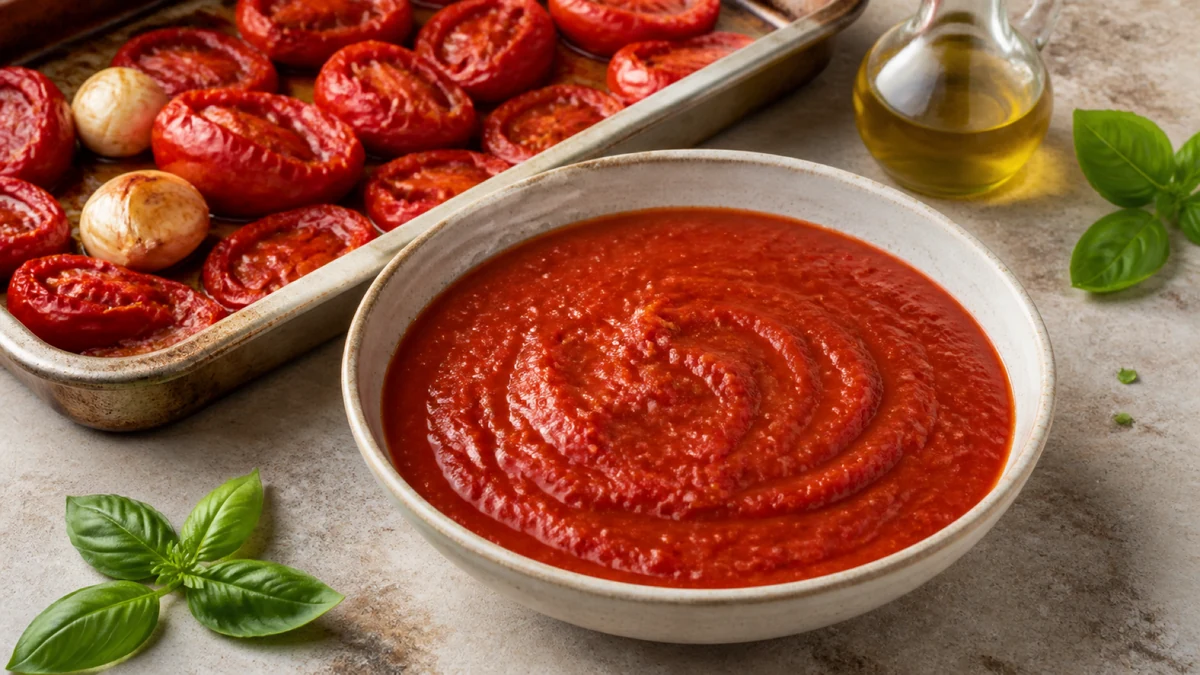 Schale mit glatter roter Tomatensauce, umgeben von gerösteten Tomaten, Knoblauch und Basilikum