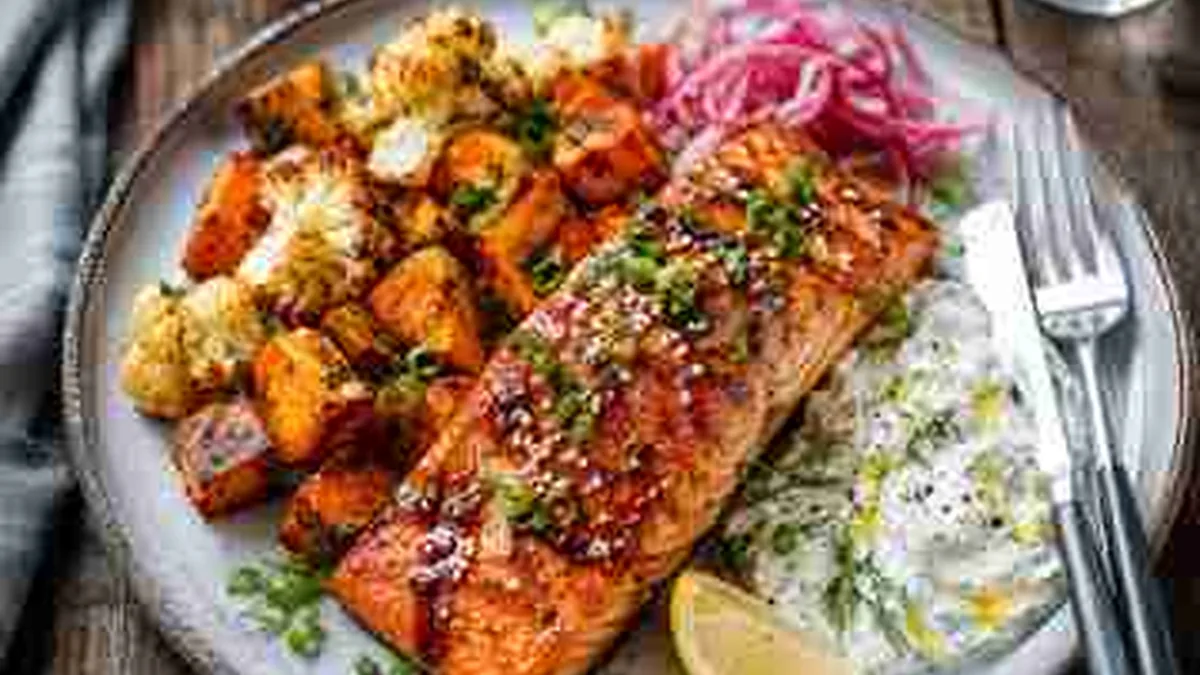 Ofenlachs mit gebräuntem Gemüse und Zitrone auf einem Backblech