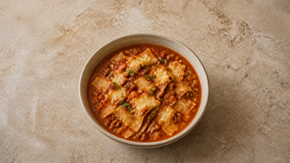 Lasagne-Suppe mit Rinderhack und Nudelstücken unter goldbraunem Mascarpone und Parmesan