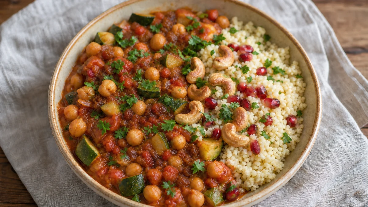 Kichererbsen-Zucchini-Eintopf mit Tomate, Couscous, Cashews, Petersilie und Granatapfelkernen