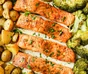 Gedünsteter Lachs mit Zucchinibändern, Fenchel, Radieschen und Linsen mit Zitronenrelish