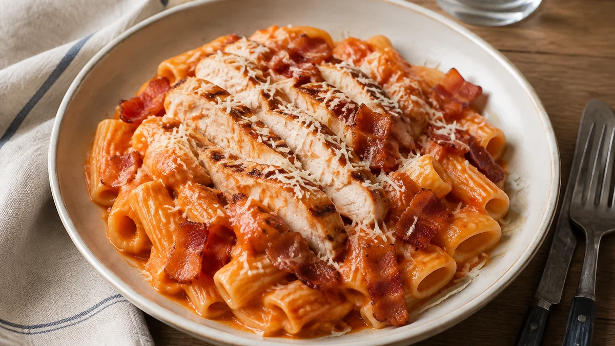 Rigatoni in cremiger Tomatensauce mit gegrilltem Hähnchen, knusprigem Bacon und Parmesan