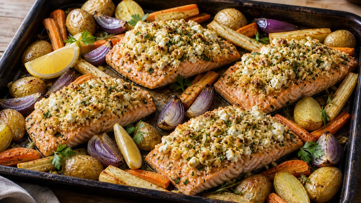Ofenlachs mit goldbrauner Ziegenkäse-Walnuss-Kruste, Kartoffeln und geröstetem Gemüse