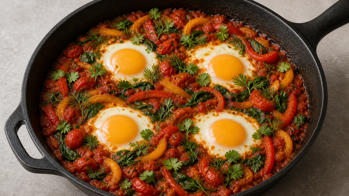 Shakshuka in einer dunklen Pfanne mit Eiern, roter und gelber Paprika, Spinat, Koriandergrün und Dill
