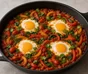 Shakshuka in einer dunklen Pfanne mit Eiern, roter und gelber Paprika, Spinat, Koriandergrün und Dill