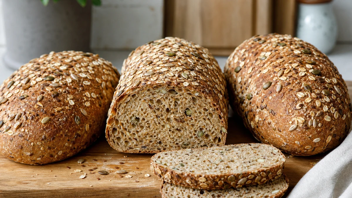 Drei kernige Vollkornbrote auf einem Holzbrett, eines aufgeschnitten mit sichtbarer Krume