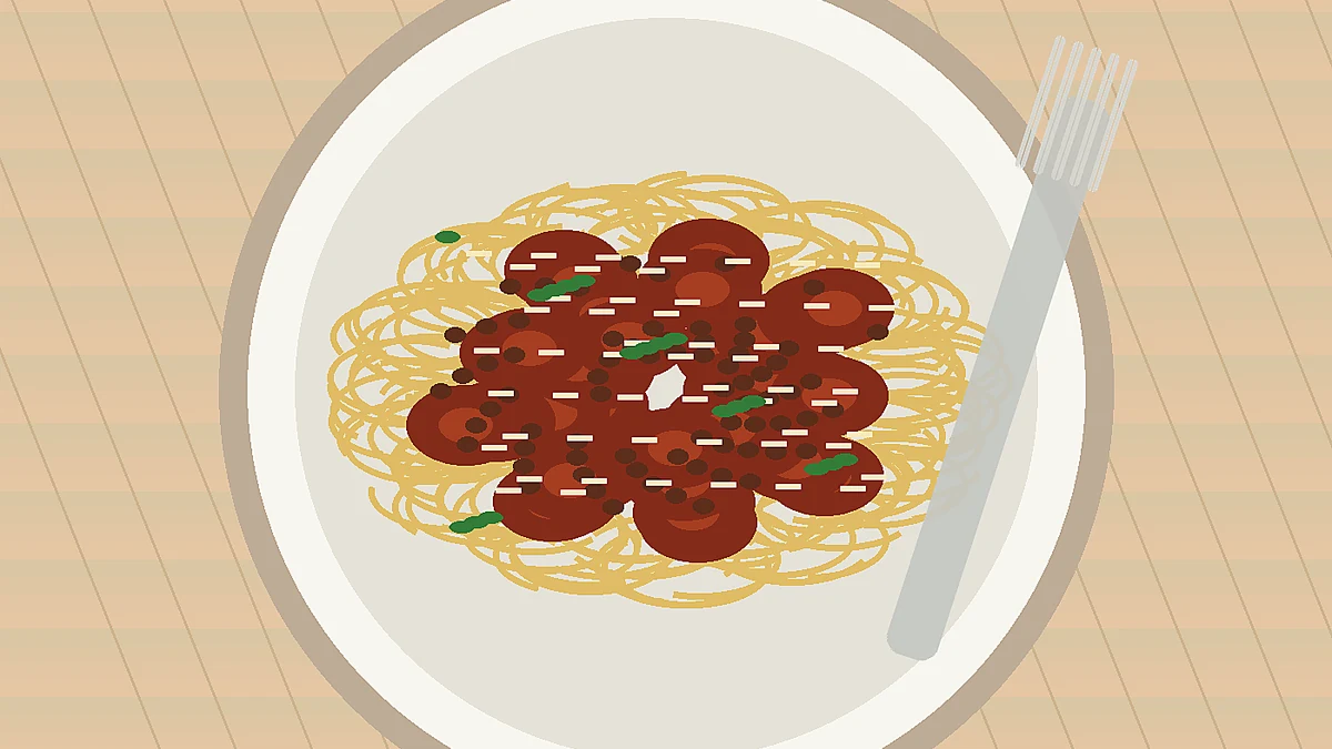 Spaghetti mit Bolognese-Sauce, Parmesan und frischen Basilikumblättern