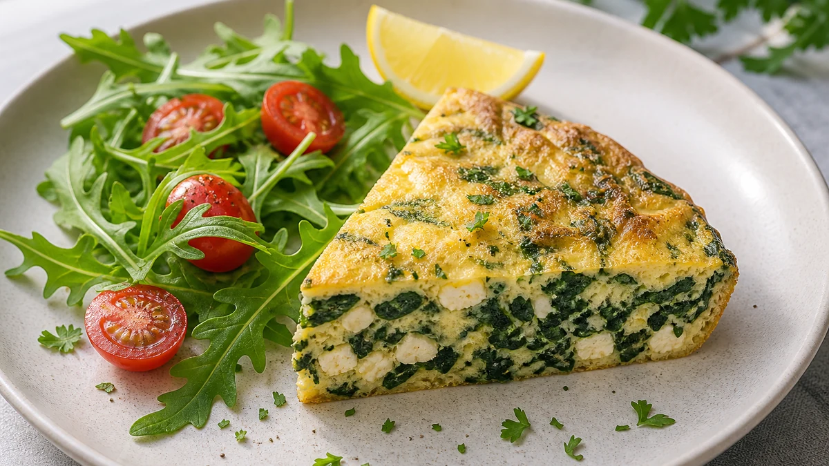Aufgeschnittene Spinat-Feta-Frittata neben Rucola, Kirschtomaten und krauser Petersilie