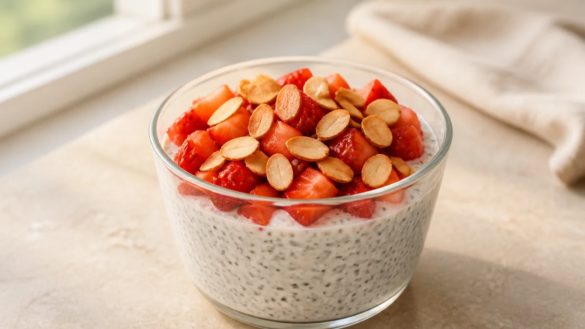 Chia-Joghurt-Pudding im Glas mit gehackten Erdbeeren und gerösteten Mandelblättchen